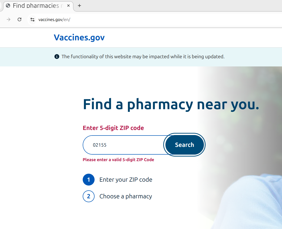 Error on vaccines.gov with a message that says functionality may be impacted while the site is being updated